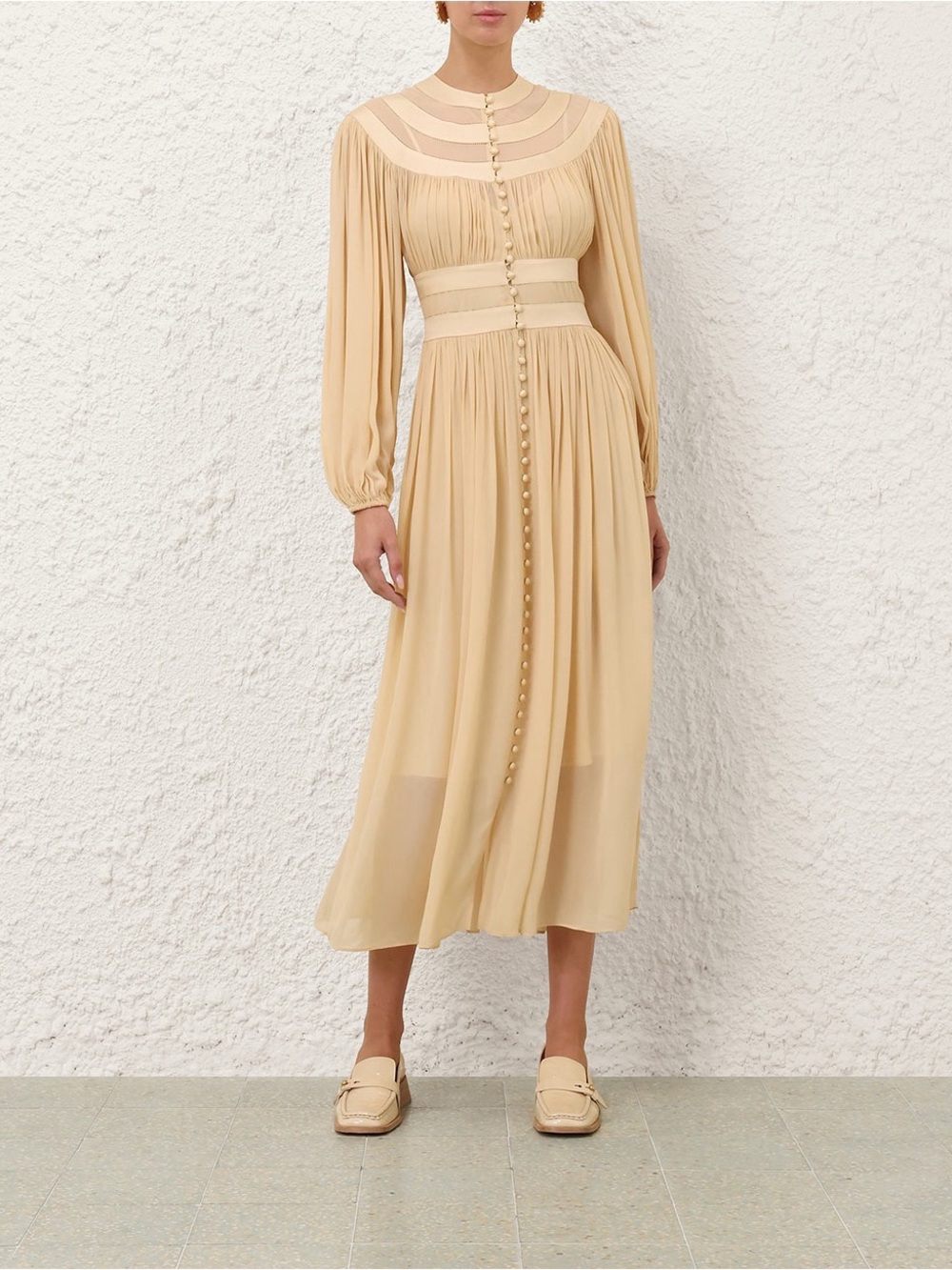 Zimmermann Pale Beige Pleated Midi Dress with Covered Buttons